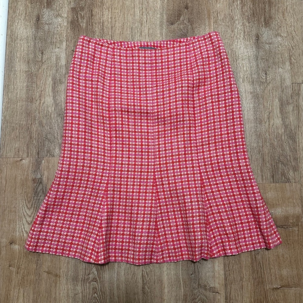 Ann Taylor | Women's Pink Red Houndstooth Tweed Linen Blend Skirt, Size 12